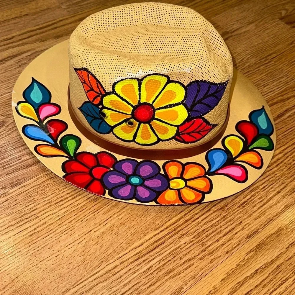 Hand painted Custom Art Work Floral Mexican Beautiful Hat from Mexico